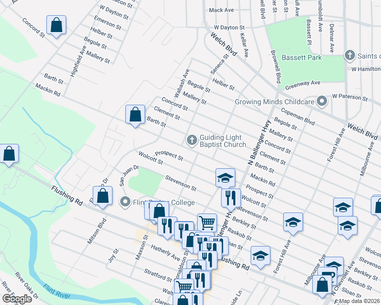 map of restaurants, bars, coffee shops, grocery stores, and more near 3025 Mackin Road in Flint