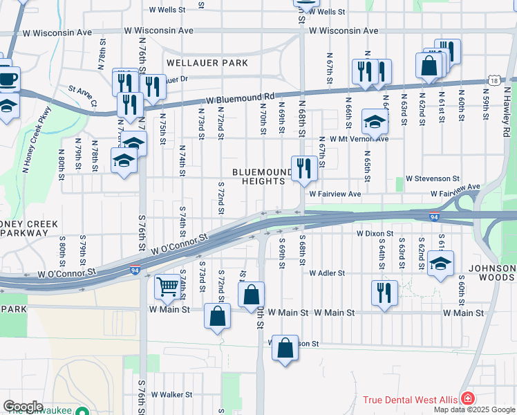 map of restaurants, bars, coffee shops, grocery stores, and more near 144 South 71st Street in Milwaukee