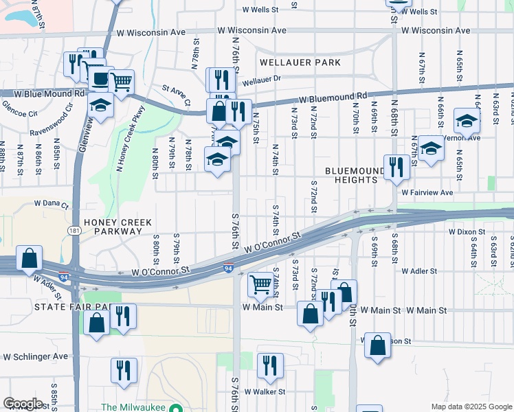map of restaurants, bars, coffee shops, grocery stores, and more near 7520 West Dixon Street in Milwaukee