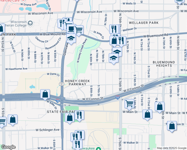 map of restaurants, bars, coffee shops, grocery stores, and more near 141 South 80th Street in Milwaukee