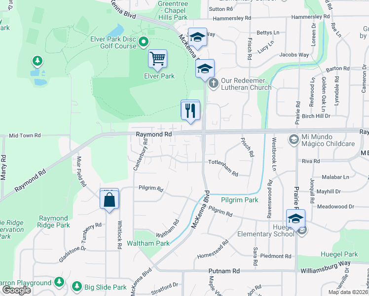 map of restaurants, bars, coffee shops, grocery stores, and more near 10 North Wickham Court in Madison