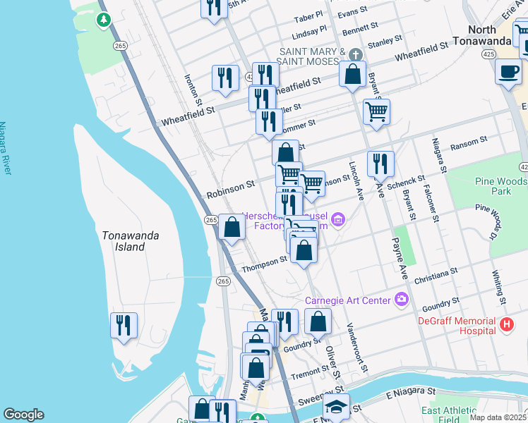 map of restaurants, bars, coffee shops, grocery stores, and more near 20 North Marion Street in North Tonawanda