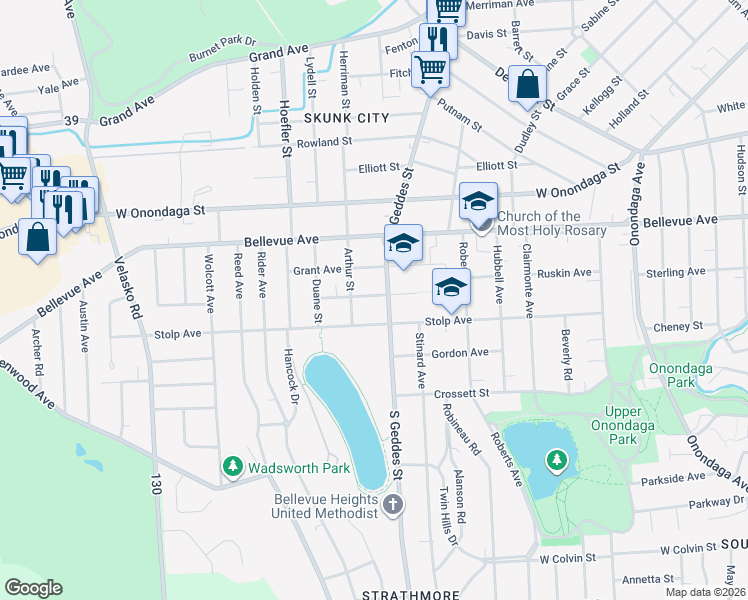 map of restaurants, bars, coffee shops, grocery stores, and more near 307 Laforte Avenue in Syracuse