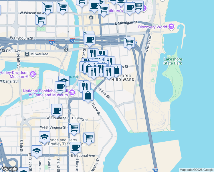 map of restaurants, bars, coffee shops, grocery stores, and more near 136 North Milwaukee Street in Milwaukee