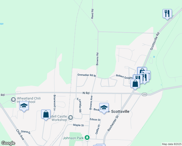 map of restaurants, bars, coffee shops, grocery stores, and more near 44 Grenadier Road East in Scottsville