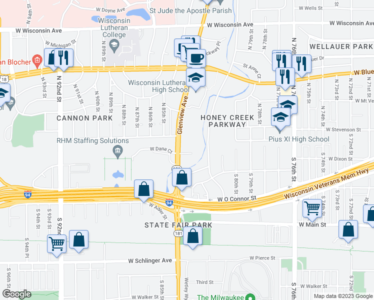 map of restaurants, bars, coffee shops, grocery stores, and more near 8324 West Dana Street in Milwaukee