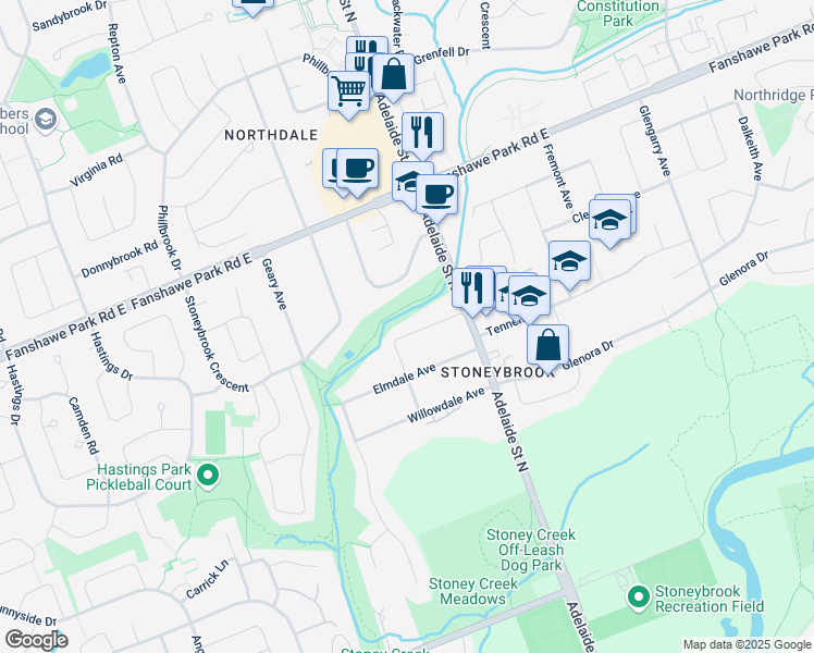 map of restaurants, bars, coffee shops, grocery stores, and more near 576 Mapledale Avenue in London