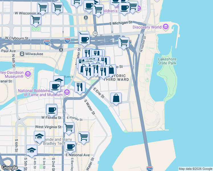 map of restaurants, bars, coffee shops, grocery stores, and more near 444 East Corcoran Street in Milwaukee