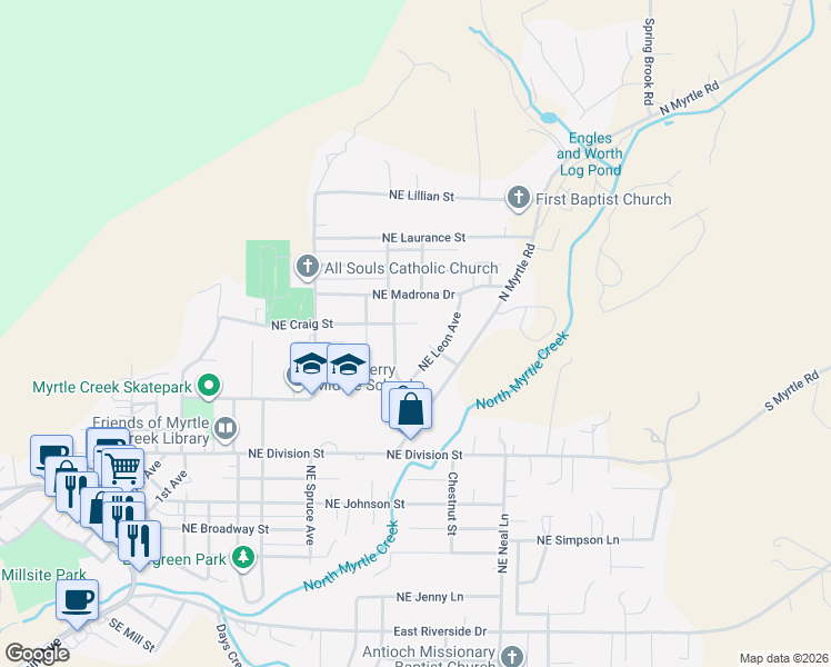 map of restaurants, bars, coffee shops, grocery stores, and more near 808 Northeast Craig Street in Myrtle Creek