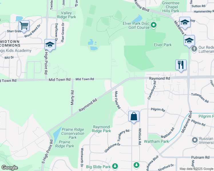 map of restaurants, bars, coffee shops, grocery stores, and more near 7203 Mid Town Road in Madison