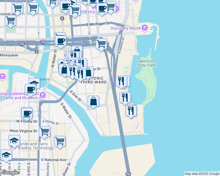 map of restaurants, bars, coffee shops, grocery stores, and more near 200 North Harbor Drive in Milwaukee