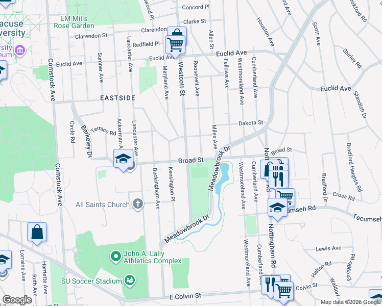 map of restaurants, bars, coffee shops, grocery stores, and more near 1133 Westcott Street in Syracuse