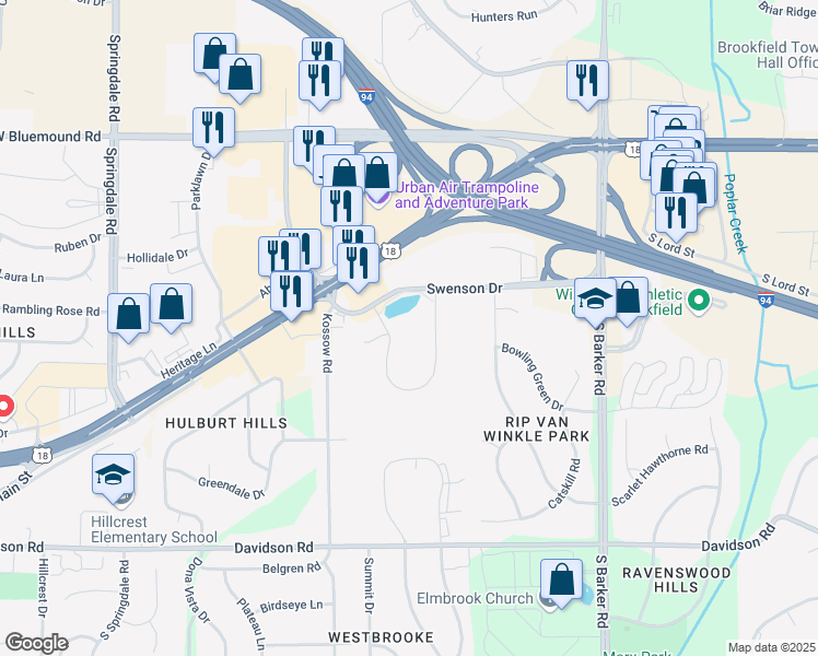 map of restaurants, bars, coffee shops, grocery stores, and more near 20975 Swenson Drive in Waukesha