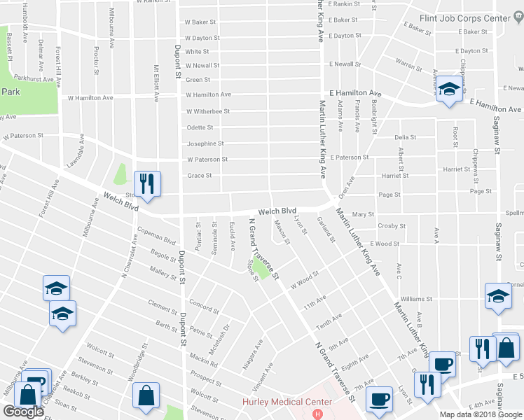 map of restaurants, bars, coffee shops, grocery stores, and more near 498 Welch Boulevard in Flint