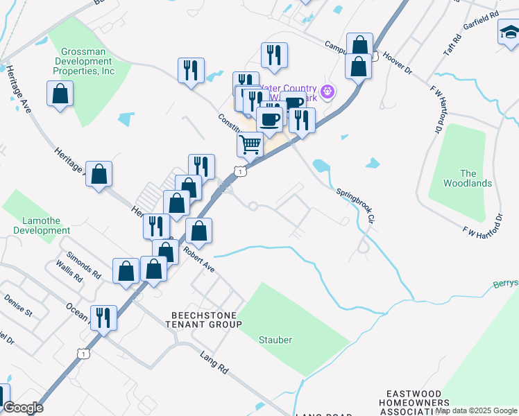 map of restaurants, bars, coffee shops, grocery stores, and more near 312 White Cedar Boulevard in Portsmouth