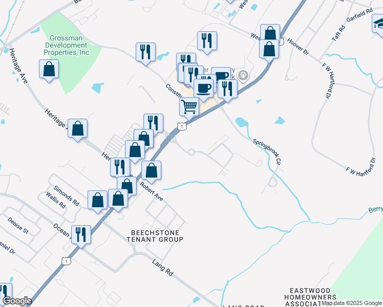 map of restaurants, bars, coffee shops, grocery stores, and more near 307 White Cedar Boulevard in Portsmouth