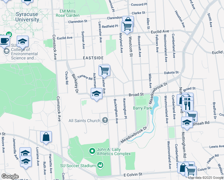 map of restaurants, bars, coffee shops, grocery stores, and more near 311 Broad Street in Syracuse