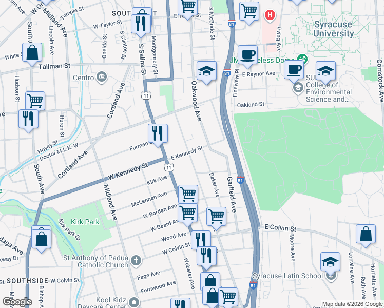 map of restaurants, bars, coffee shops, grocery stores, and more near 1508 South State Street in Syracuse