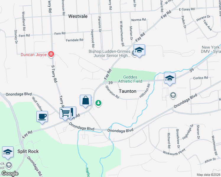 map of restaurants, bars, coffee shops, grocery stores, and more near 133 Sheraton Road in Syracuse