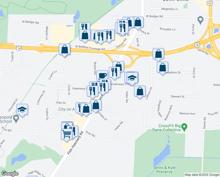 map of restaurants, bars, coffee shops, grocery stores, and more near 1605 Greenway Cross in Madison