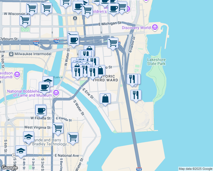 map of restaurants, bars, coffee shops, grocery stores, and more near 615 East Corcoran Street in Milwaukee