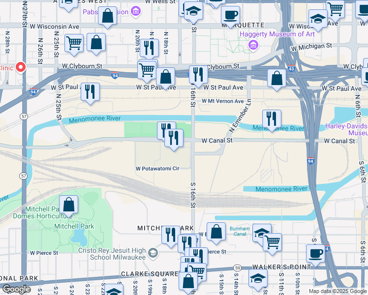 map of restaurants, bars, coffee shops, grocery stores, and more near 1611 West Canal Street in Milwaukee