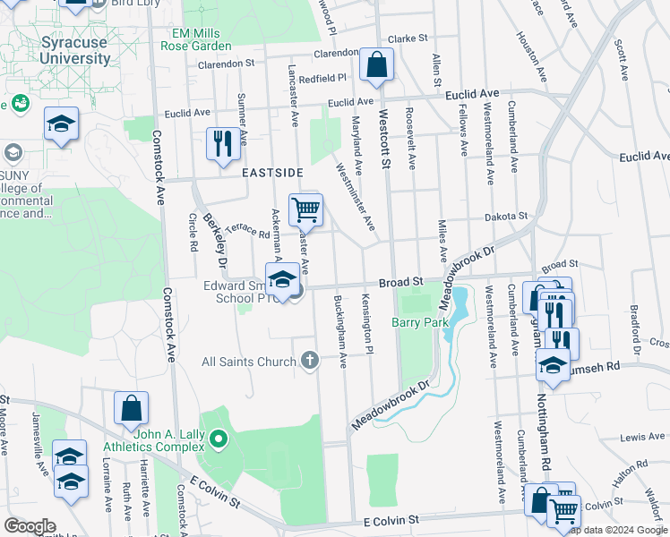 map of restaurants, bars, coffee shops, grocery stores, and more near 244 Buckingham Avenue in Syracuse