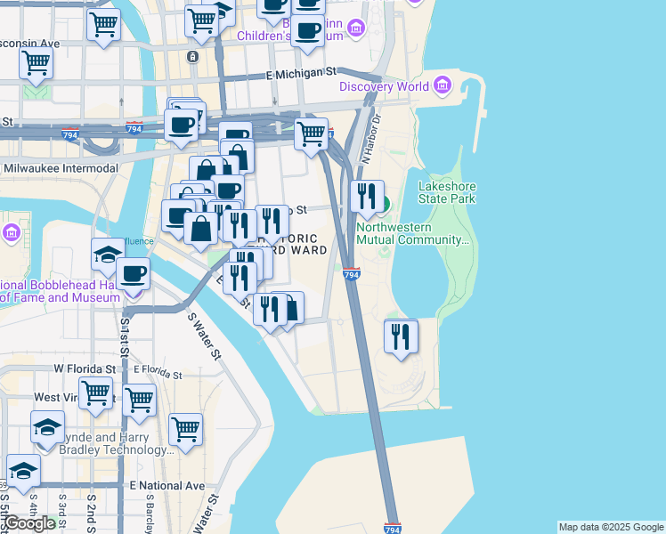 map of restaurants, bars, coffee shops, grocery stores, and more near 200 North Lincoln Memorial Drive in Milwaukee