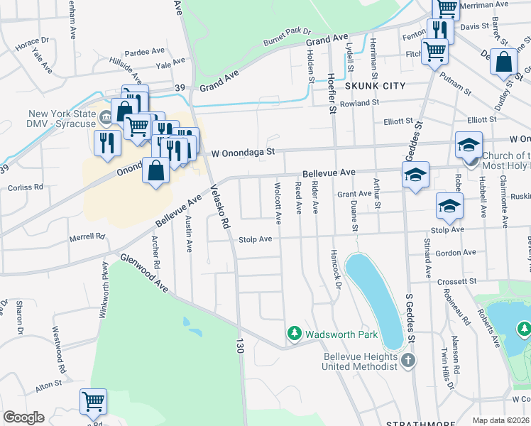 map of restaurants, bars, coffee shops, grocery stores, and more near 115 Vieau Drive in Syracuse
