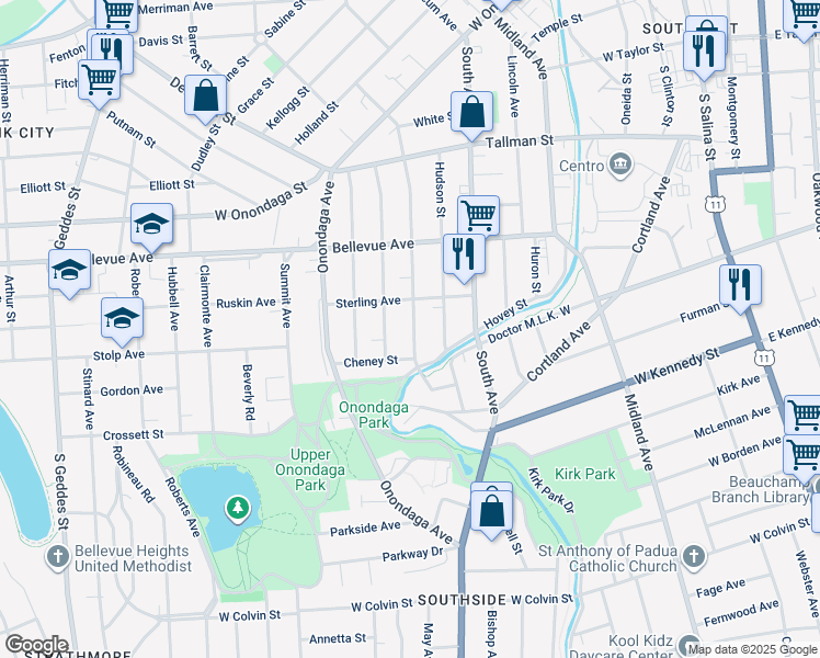 map of restaurants, bars, coffee shops, grocery stores, and more near 424 Rich Street in Syracuse