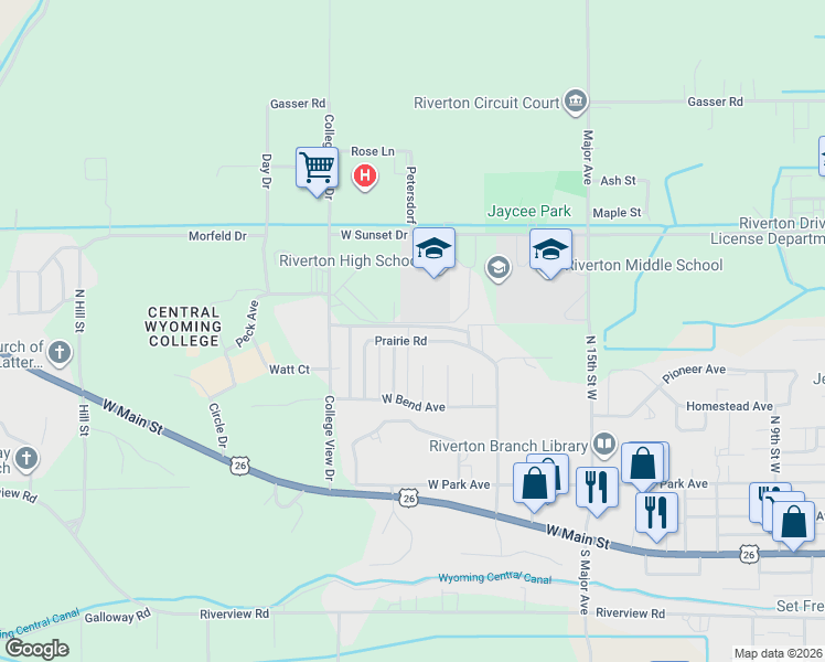 map of restaurants, bars, coffee shops, grocery stores, and more near 2101 Prairie Road in Riverton