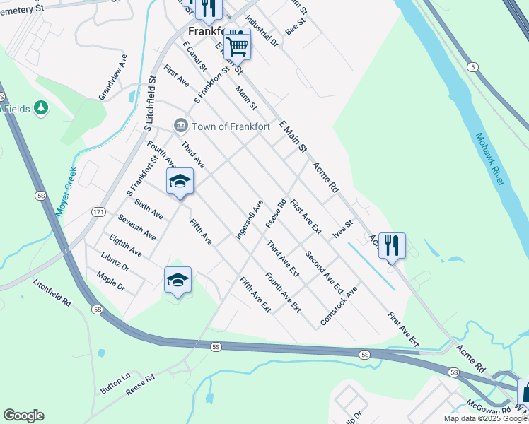 map of restaurants, bars, coffee shops, grocery stores, and more near 343 Third Avenue in Frankfort