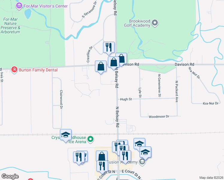 map of restaurants, bars, coffee shops, grocery stores, and more near 1423 North Belsay Road in Burton