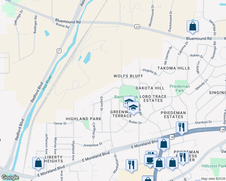 map of restaurants, bars, coffee shops, grocery stores, and more near 1508 Atlantic Drive in Waukesha