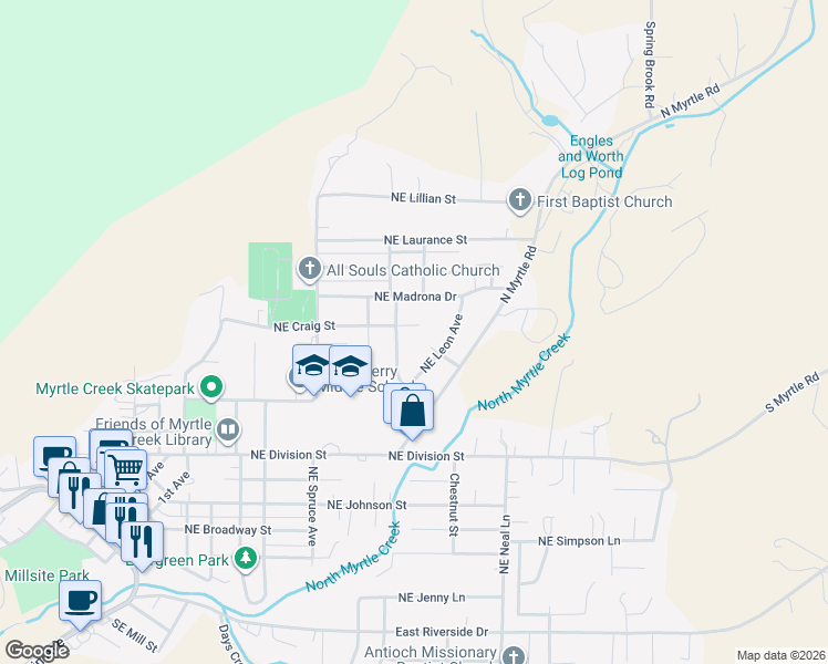 map of restaurants, bars, coffee shops, grocery stores, and more near 808 Northeast Craig Street in Myrtle Creek