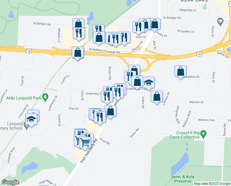 map of restaurants, bars, coffee shops, grocery stores, and more near 1605 Greenway Cross in Madison