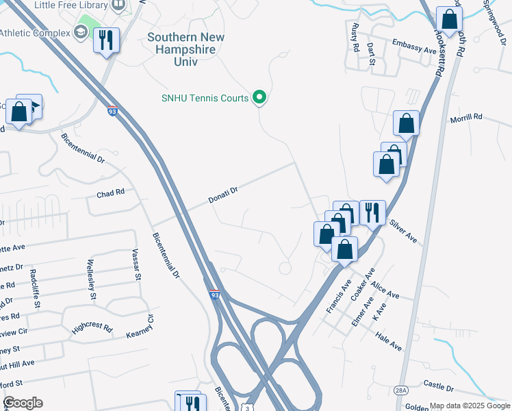 map of restaurants, bars, coffee shops, grocery stores, and more near 10 Ridgeview Drive in Hooksett