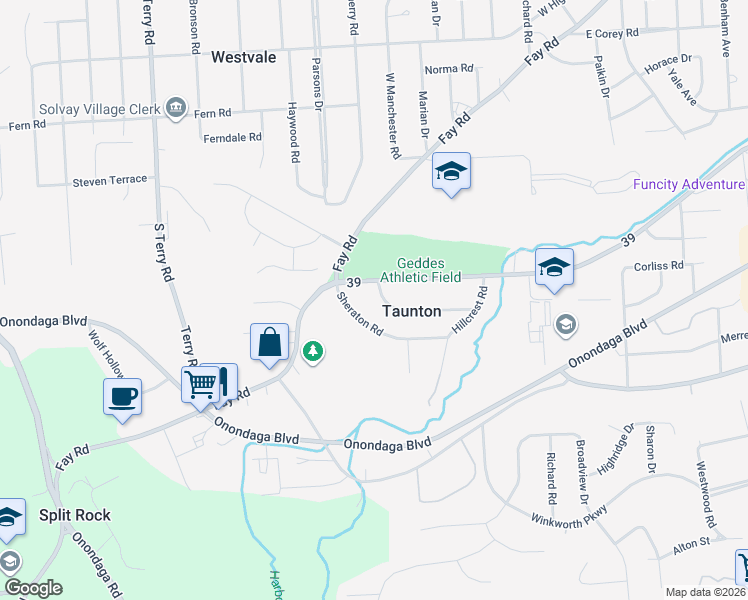 map of restaurants, bars, coffee shops, grocery stores, and more near 126 Sheraton Road in Syracuse