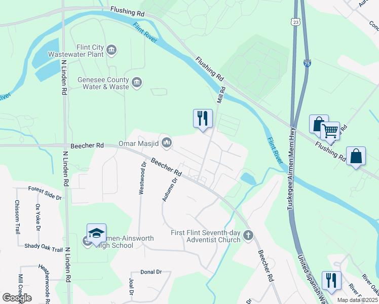 map of restaurants, bars, coffee shops, grocery stores, and more near 2065 Mill Road in Flint