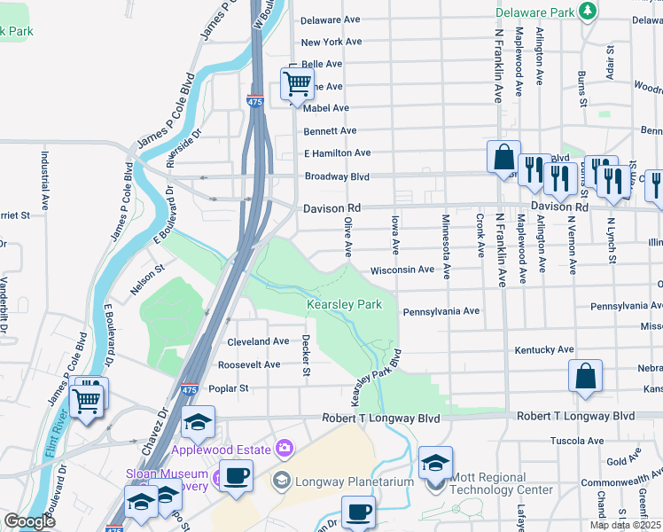 map of restaurants, bars, coffee shops, grocery stores, and more near 1427 Kearsley Park Boulevard in Flint