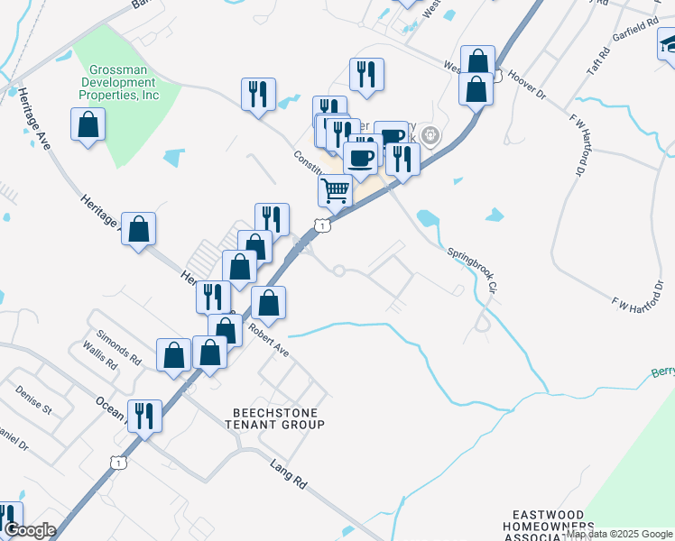 map of restaurants, bars, coffee shops, grocery stores, and more near 307 White Cedar Boulevard in Portsmouth