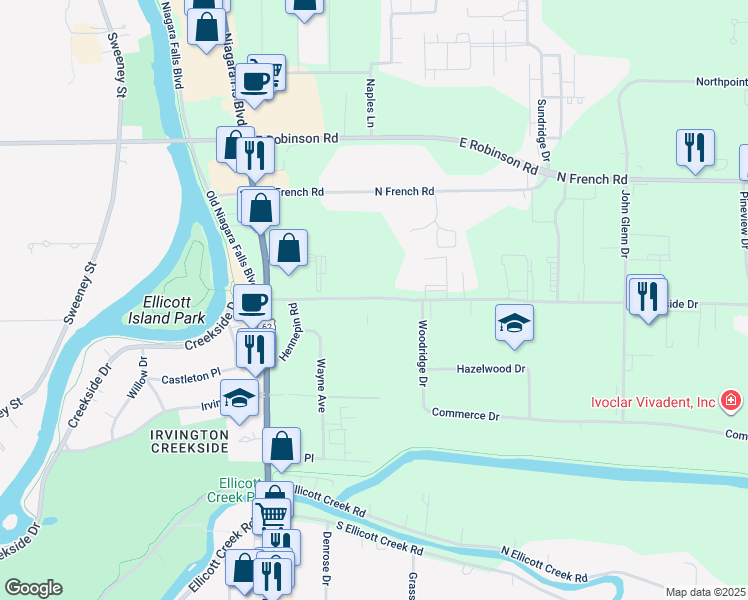 map of restaurants, bars, coffee shops, grocery stores, and more near 135 Creekside Drive in Erie County