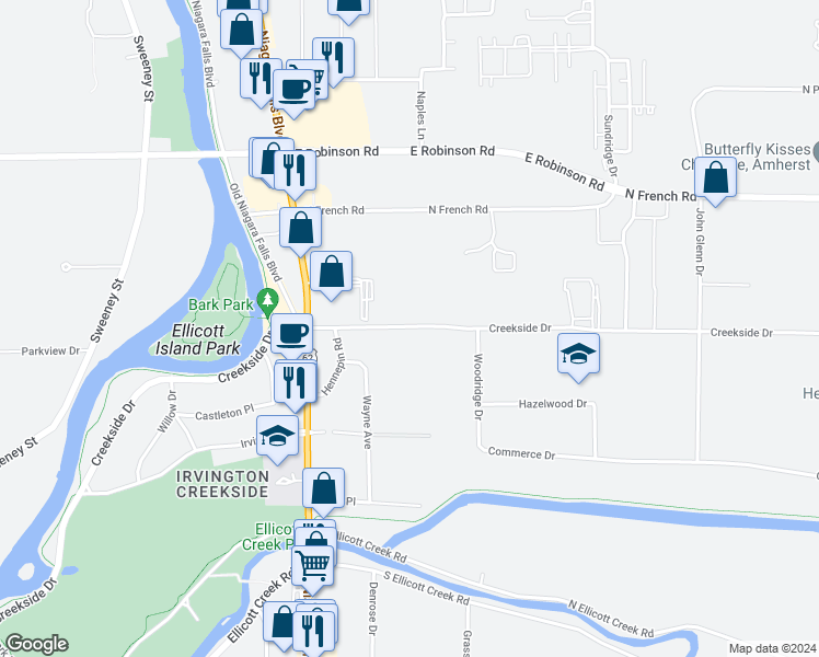 map of restaurants, bars, coffee shops, grocery stores, and more near 135 Creekside Drive in Erie County