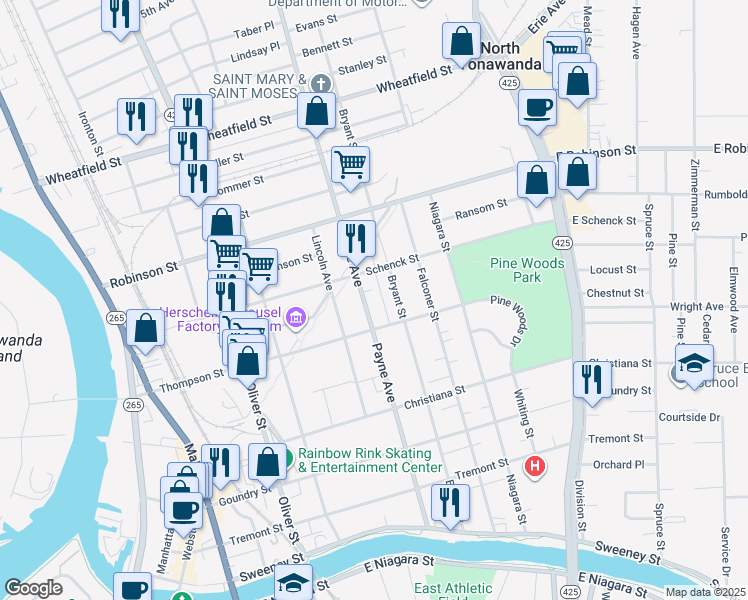 map of restaurants, bars, coffee shops, grocery stores, and more near in North Tonawanda