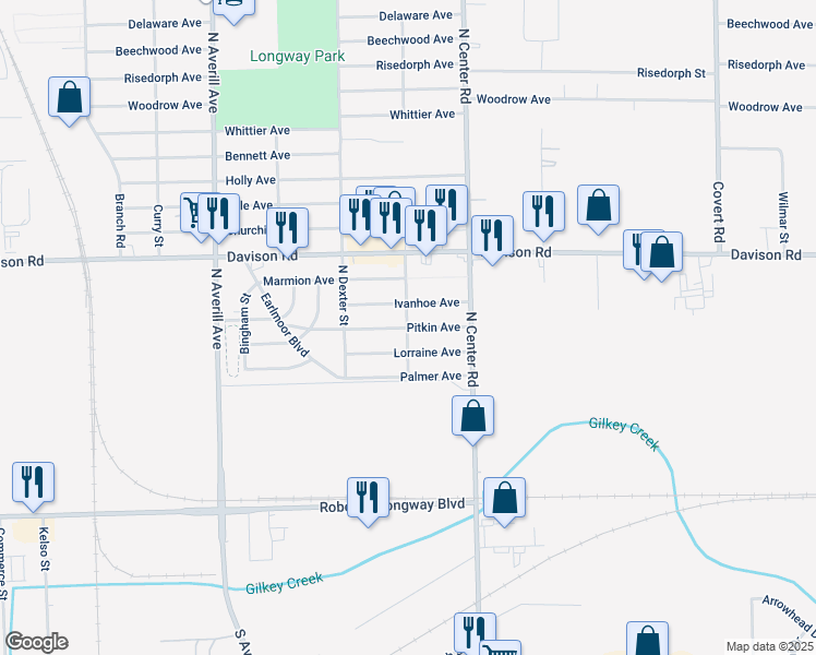 map of restaurants, bars, coffee shops, grocery stores, and more near 3739 Lorraine Avenue in Flint