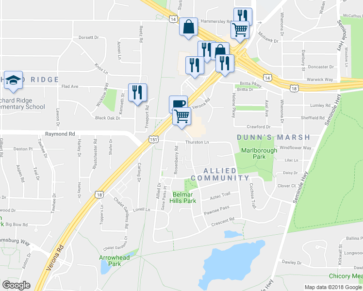 map of restaurants, bars, coffee shops, grocery stores, and more near 2114 Red Arrow Trail in Fitchburg