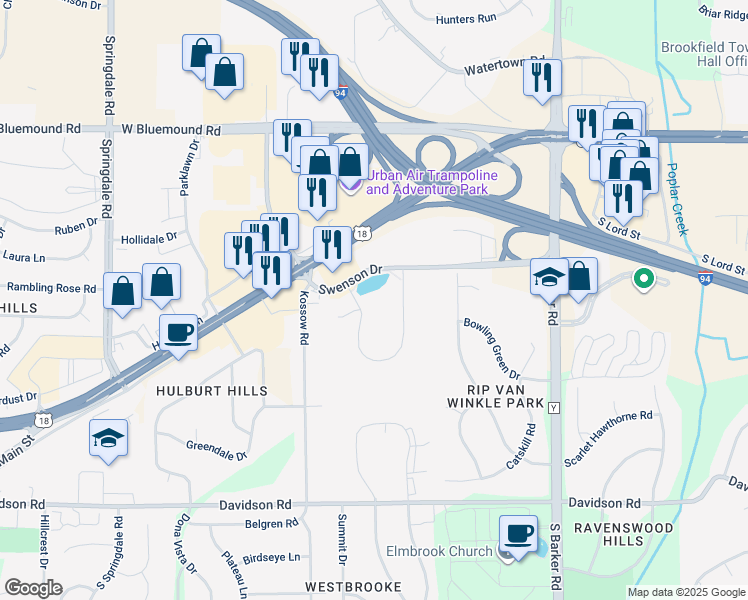 map of restaurants, bars, coffee shops, grocery stores, and more near 20975 Swenson Drive in Waukesha