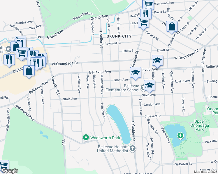 map of restaurants, bars, coffee shops, grocery stores, and more near 247 Markland Avenue in Syracuse