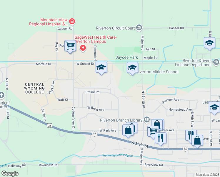 map of restaurants, bars, coffee shops, grocery stores, and more near 1975 Prairie Road in Riverton