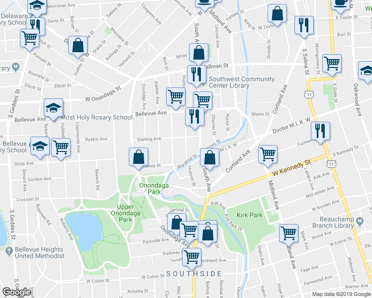 map of restaurants, bars, coffee shops, grocery stores, and more near 312 Hudson Street in Syracuse
